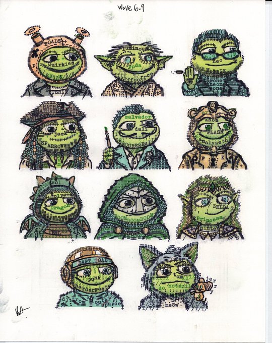 A pixel art collection labeled 'Wave 6.9' displays a grid of various green goblin-like character avatars featuring TikTok usernames and creative designs.