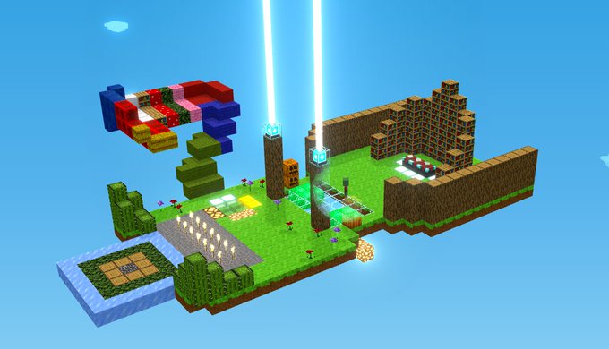 A vibrant 3D voxel-style floating island scene reminiscent of Minecraft, featuring colorful block structures, green terrain, and glowing beams of light, showcasing the "Solana" blockchain's voxel-based game environment.