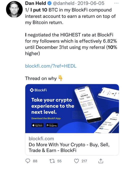 A tweet from Dan Held (@danheld) dated 2019-06-05 promoting BlockFi's interest account, where he claims to have negotiated a 6.82% interest rate (10% higher than standard) on 10 BTC for his followers using referral code HEDL, with the tweet showing 88 comments, 55 retweets, and 217 likes.