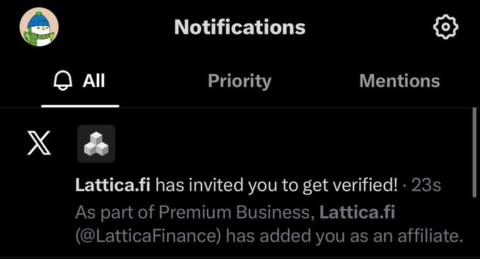 A Twitter/X notifications screenshot shows Lattica.fi (@LatticaFinance) inviting the user to get verified and adding them as an affiliate under Premium Business. This aligns with the post's promotion of @LatticaFinance as the user announces partnering with the prediction markets platform.