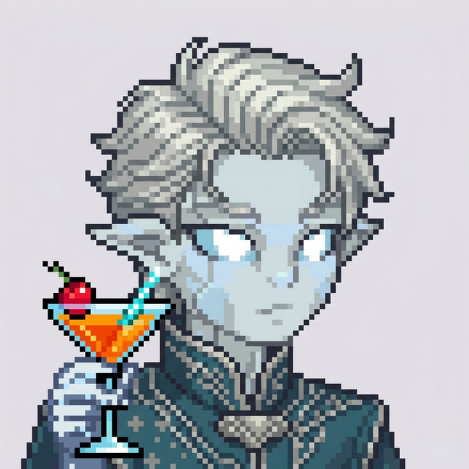 A pixel art illustration depicts a pale, white-haired elven character with pointed ears, holding an orange cocktail garnished with a cherry in a martini glass.