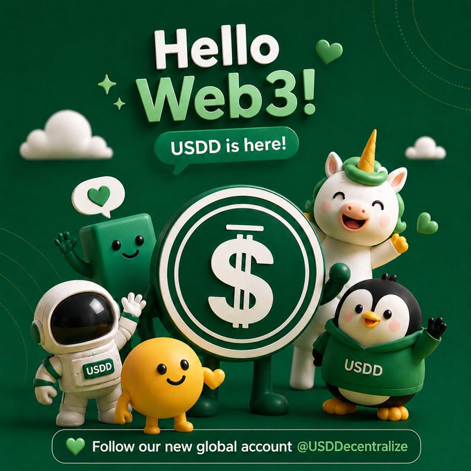 A vibrant promotional graphic featuring cartoon characters including a unicorn, astronaut, penguin in a "USDD" hoodie, and smiling coins gathered around a large dollar sign coin, with the text "Hello Web3! USDD is here!" and a call to follow "@USDDcentralize." The playful mascot design visually reinforces the post's welcome message for USDD's new official Web3 account, emphasizing its mission of delivering stable and rewarding DeFi experiences.