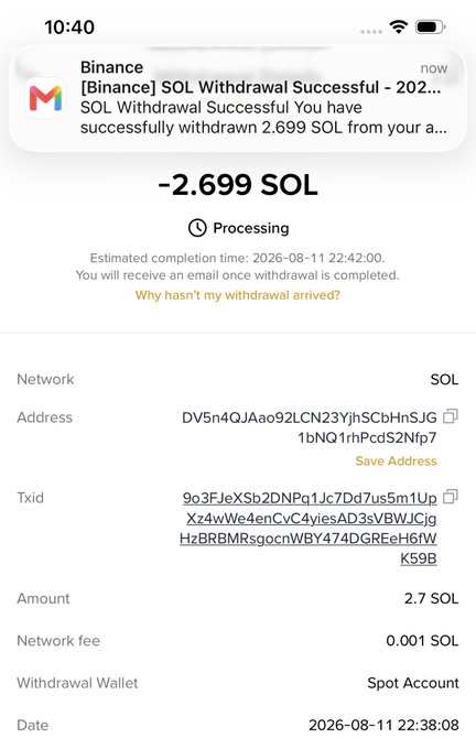A Binance withdrawal notification showing -2.699 SOL (approximately $200) being processed to wallet address DV5n4QJAao92LCN23YjhScbHnSJG1bNQ1rhPcdS2Ntp7, supporting the post's $200 SOL giveaway claim to a lucky follower.