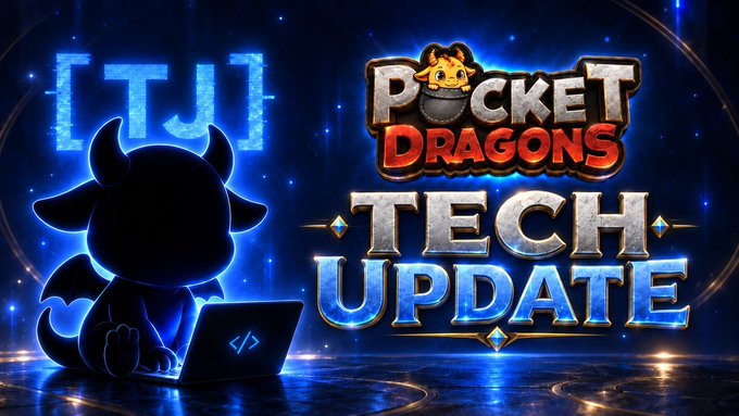 A 'Pocket Dragons Tech Update' promotional graphic featuring a silhouette of a dragon character working on a laptop with '[TJ]' displayed on screen, set against a blue cosmic background.