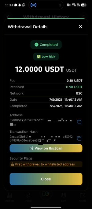 A cryptocurrency withdrawal confirmation screen on a mobile app showing a completed transfer of 12.0000 USDT on the BSC network, with a transaction hash and address partially visible.