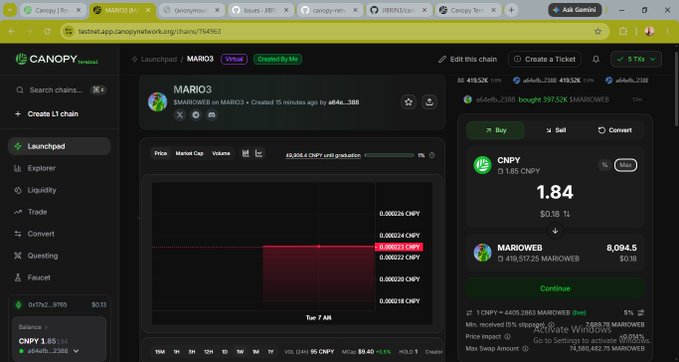 Screenshot of the Canopy Terminal showing a token launchpad for MARIO3 (MARIOWEB), displaying a price chart, market cap of 419.52K, and a buy interface for CNPY tokens at 1.84.