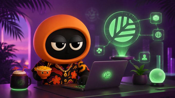 The image features an orange character wearing a hoodie sitting at a desk, using a laptop computer. The background of the image includes a purple sky and various objects such as a potted plant, a cup, and a clock. There are also some logos present in the scene.
