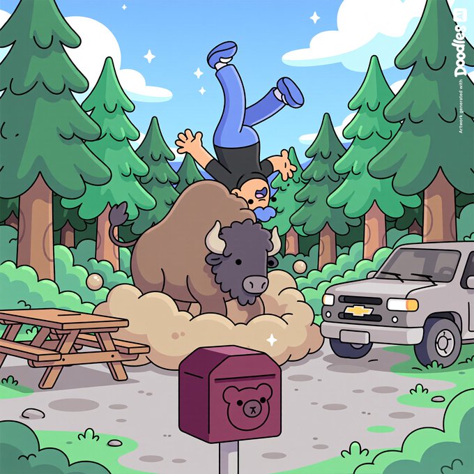 A cartoon scene shows a person being thrown off a bison near a pickup truck and picnic table in a forest setting.