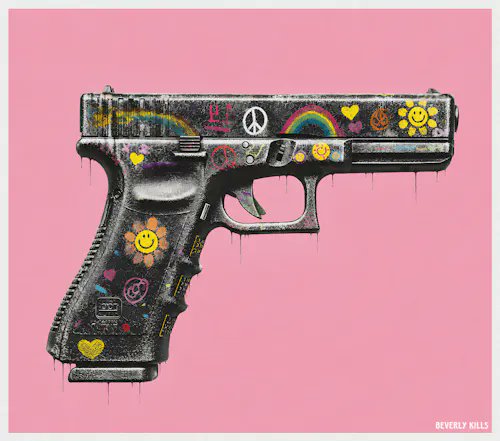 Pop art style illustration of a black handgun on a pink background, heavily decorated with colorful stickers including peace signs, rainbows, hearts, and smiley faces, with 'BEVERLY HILLS' written in the corner.