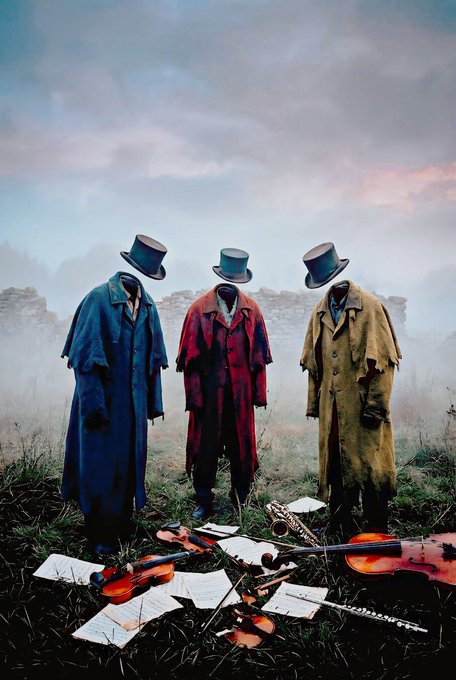 Three headless figures wearing top hats and tattered trench coats (blue, red, and yellow) stand in a foggy field with abandoned violins and sheet music at their feet.