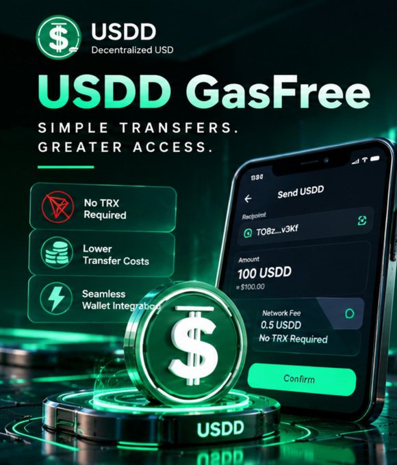 An advertisement for "USDD GasFree" promoting decentralized USD transfers with no TRX required, lower transfer costs, and seamless wallet integration, featuring a smartphone interface showing a 100 USDD transfer confirmation.