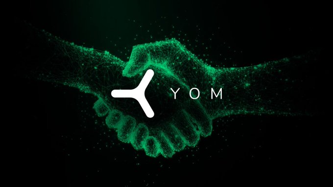 The image displays a green digital particle handshake with the text "YOM" overlaid, symbolizing a deal or partnership. The caption relates to the post by depicting a handshake as a visual metaphor for the agreements and commitments made in crypto infrastructure projects—many of which, as the post notes, promise great partnerships but never actually deliver a finished product.