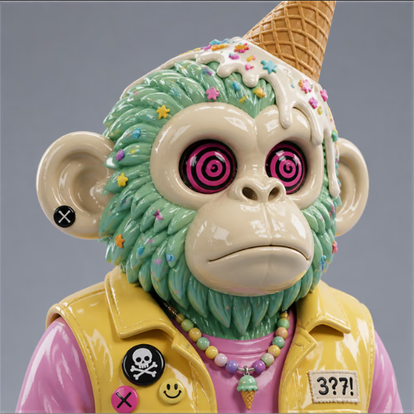 A 3D-rendered toy figure of a green monkey with hypnotic spiral eyes, wearing a yellow vest, pink shirt, beaded necklace, and an ice cream cone hat, with patches including a skull and '3?!'.