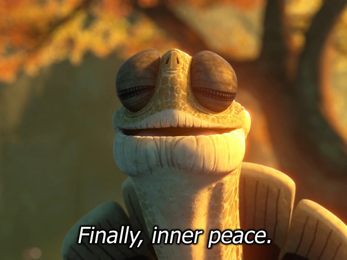 Master Oogway from Kung Fu Panda smiles serenely with the caption "Finally, inner peace." beneath him, perfectly capturing the poster's relief at stepping away from World Cup betting on Polymarket to achieve a state of calm detachment from gambling outcomes.
