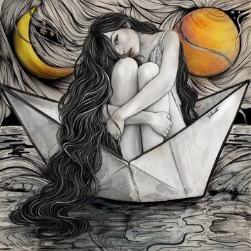 A detailed black and white illustration with selective color, depicting a woman with long flowing hair curled up inside a paper boat floating on water, flanked by a yellow crescent moon and a large orange sphere.