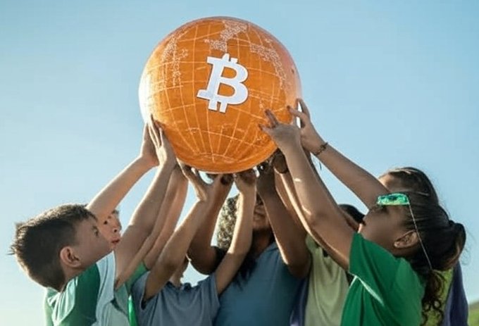 A group of children outdoors holds an orange globe marked with a white Bitcoin “₿” symbol overhead.