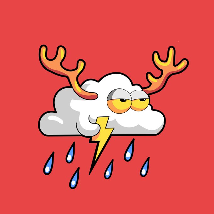 A cartoon illustration of an angry storm cloud with antlers, yellow eyes, a lightning bolt, and raindrops on a red background.