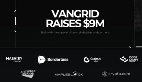 A black promotional graphic for 'VANGRID RAISES $9M', thanking stakeholders and partners, with logos including HashKey Capital, Borderless, Gate.io, CodeCraft, Animoca Brands, Mapleblock, and Crypto.com.