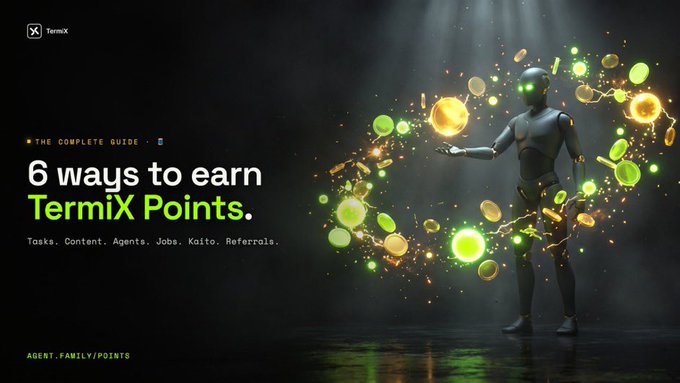 TermiX promotional graphic titled 'THE COMPLETE GUIDE: 6 ways to earn TermiX Points' mentioning Tasks, Content, Agents, Jobs, Kaito, and Referrals, featuring a robot character surrounded by gold and green coins.