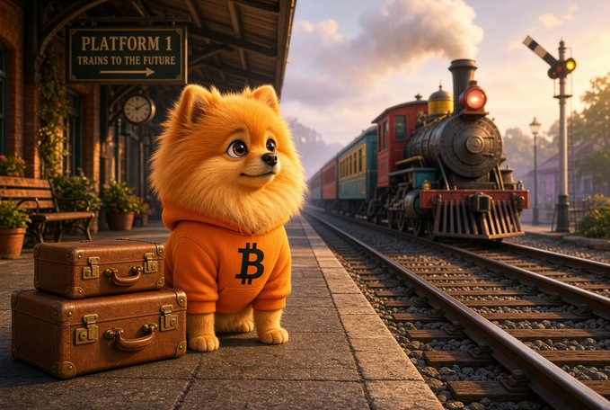 An orange Pomeranian dog wearing a hoodie with the Bitcoin '₿' logo sits beside suitcases on a station platform labeled 'PLATFORM 1 - TRAINS TO THE FUTURE', with a steam locomotive approaching.