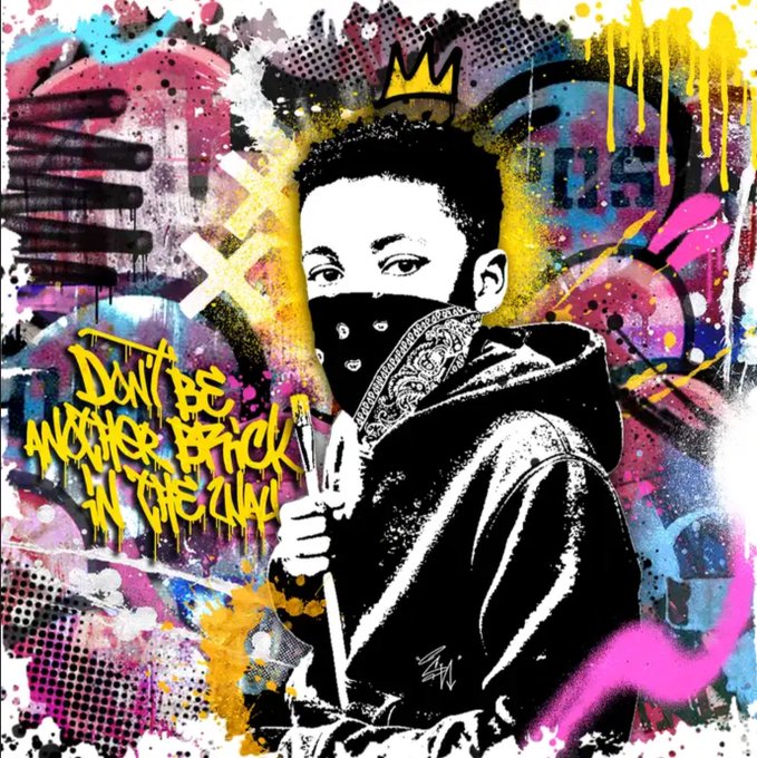 A vibrant graffiti-style street art piece depicting a masked figure wearing a crown, with the text 'DON'T BE ANOTHER B*TCH IN THE CLUB!'.