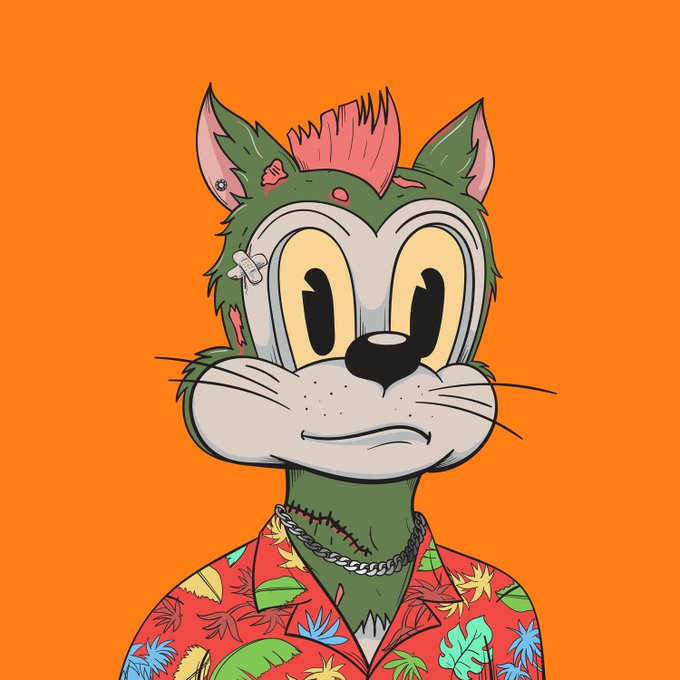 A cartoon illustration of a green zombie-like cat character with a pink mohawk, bandages, stitched neck, and a black nose, wearing a silver chain necklace and a red tropical Hawaiian shirt against an orange background.