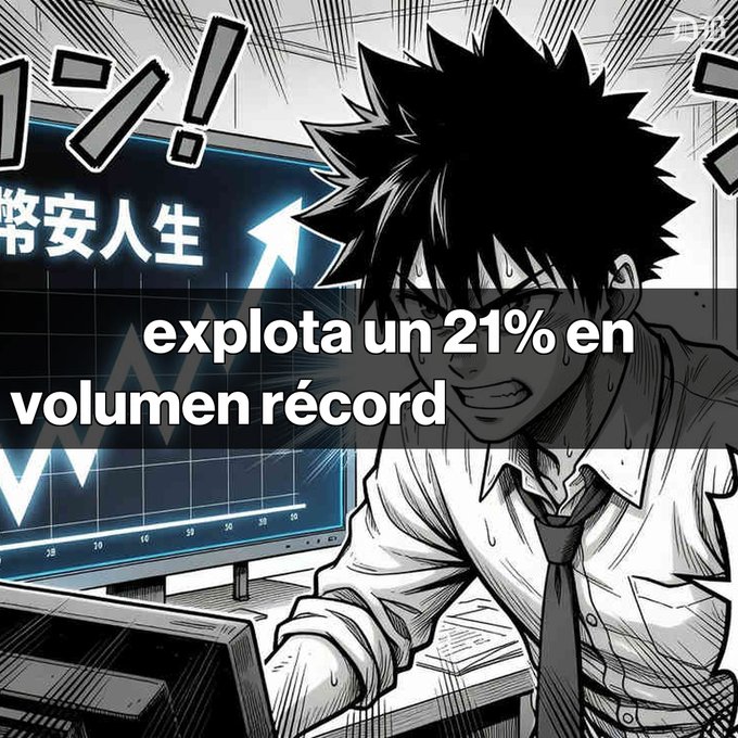 In this image, there is a scene set at a desk with a computer monitor. An anime illustration of an Asian man wearing glasses appears to be working at his computer. There are text overlays in multiple languages providing information about a global cryptocurrency market. The main focus seems to be on the animated character and the computer monitor display, and it does not provide any details about the currency or market conditions.