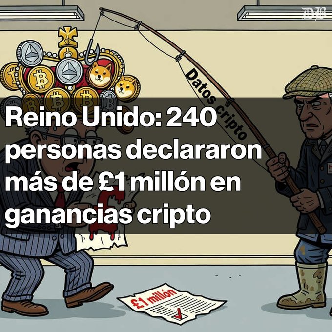 A cartoon illustration with Spanish text 'Reino Unido: 240 personas declararon más de £1 millón en ganancias cripto' showing a fisherman reeling in crypto coins to catch tax evaders.