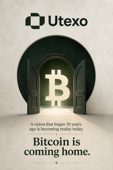 A promotional graphic for Utexo featuring a Bitcoin symbol emerging through open doors, with the tagline 'A vision that began 10 years ago is becoming reality today. Bitcoin is coming home.'