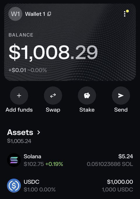 A cryptocurrency wallet screenshot showing Wallet 1 with a balance of $1,008.29, holding 0.051023686 SOL (~$5.24) and 1,000 USDC. The image illustrates the start of the poster's "experiment" — a freshly funded wallet with $1,000 in USDC ready to be spent on gacha game packs, with the small SOL amount likely covering transaction fees for the upcoming transactions.