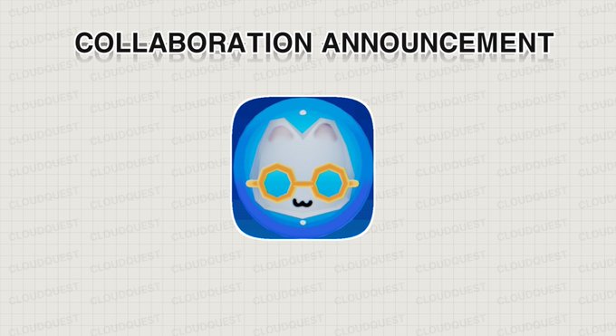 A 'COLLABORATION ANNOUNCEMENT' graphic displays the CloudQuest logo, featuring a white cat wearing blue and yellow glasses, over a background pattern of the CloudQuest name.