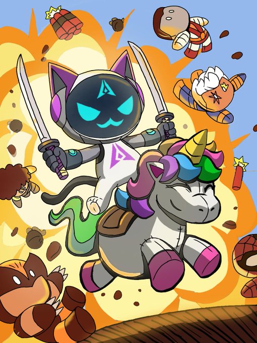 An action-packed cartoon featuring a black cat astronaut wielding two swords while riding a unicorn through an explosion.