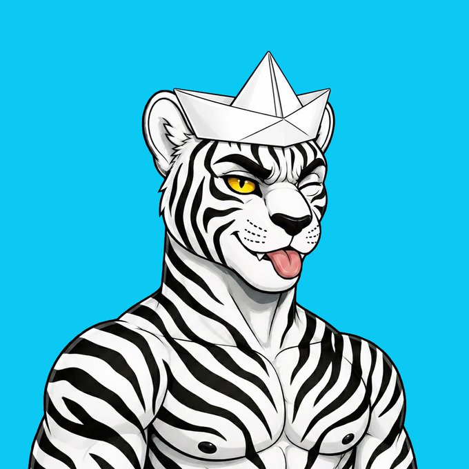 A muscular anthropomorphic white tiger with black stripes wears a paper boat as a hat and sticks out its tongue against a bright blue background. The image playfully illustrates the post's "not everything has to be black and white" message—because while the tiger is literally black and white, the vivid blue background and playful vibe show that $HBAR doesn't have to be either.