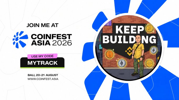 A promotional banner inviting viewers to "JOIN ME AT COINFEST ASIA 2026" in Bali on 20-21 August, with a discount code "MYTRACK," featuring a cartoon character named "Binance Builder CZ" standing in front of a "KEEP BUILDING" wall with crypto coin icons.