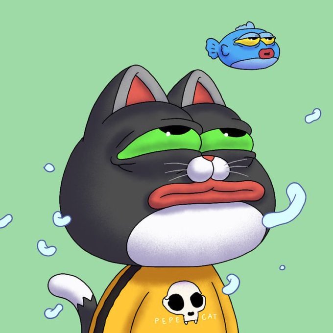 A cartoon illustration of Pepe the Cat looking unamused in a yellow shirt with a skull logo, accompanied by a smaller blue fish-like character with red lips floating above against a green background.