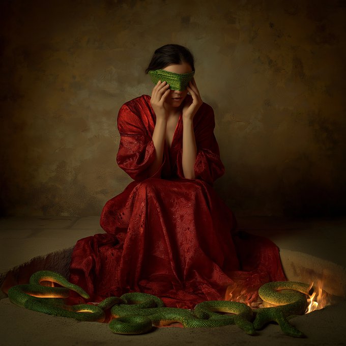 A woman in a flowing red dress holds a green snake over her eyes like a blindfold, surrounded by more green snakes on the floor in a moody, painterly setting.
