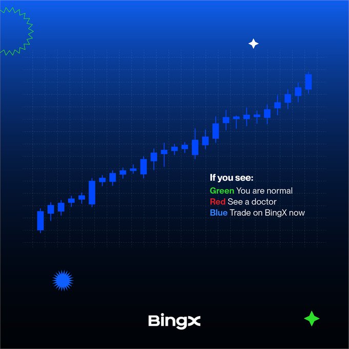 A BingX promotional graphic featuring a blue candlestick chart on a dark blue background with the text: "If you see: Green You are normal, Red See a doctor, Blue Trade on BingX now," reinforcing the post's message that recognizing blue signifies a trader's keen instincts.