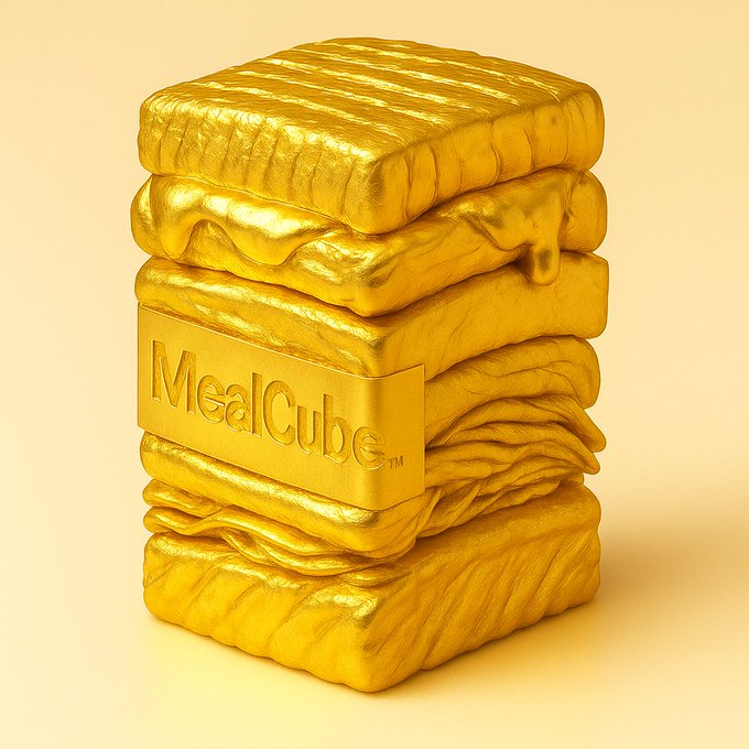 A 3D render of a stack of golden blocks with the text 'MealCube™' on a band.
