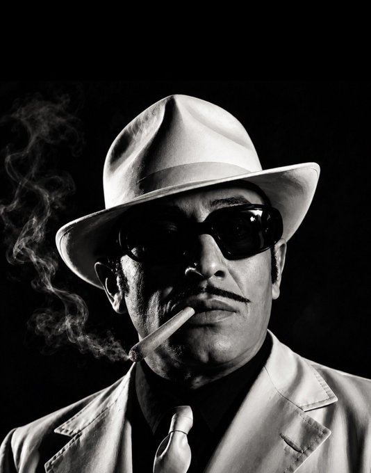 A high-contrast black-and-white portrait of a man wearing a white fedora, dark sunglasses, and a suit, smoking a cigar with smoke curling upward against a black background.