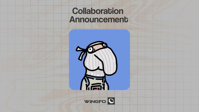 The image features a cartoon character wearing a bandana, hat, and glasses with an expression of confusion or surprise. The background of the image has a blue gradient effect that makes the character stand out. Below the image, there is text that reads "Collaboration Announcement" followed by a block quote from WingFo.