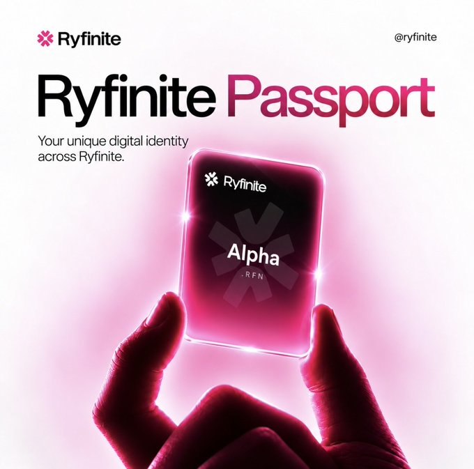 The image is a promotional graphic for "Ryfinite Passport," featuring a glowing pink digital card labeled "Alpha" with ".RFN" beneath it, held by fingers against a soft pink-lit background. The text "Your unique digital identity across Ryfinite" highlights the product, directly supporting the post's announcement of the early .RFN Passport claim for the first 5,000 users.