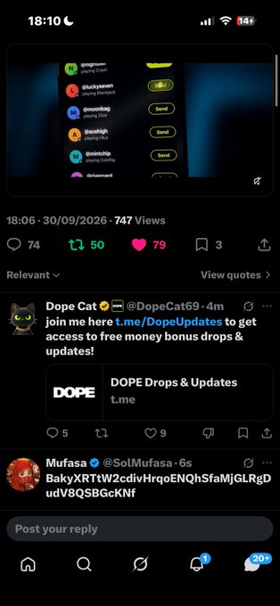 A mobile screenshot of a social media feed showing a post about token transfers, with a reply from Dope Cat (@DopeCat59) promoting a Telegram link for money drops/updates, posted 30/09/2026 at 18:06.