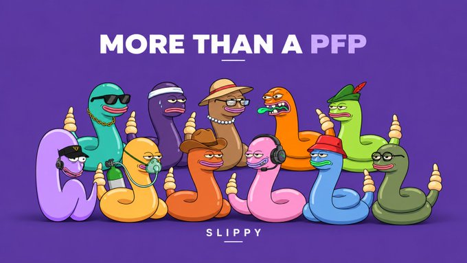 A promotional graphic with the text 'MORE THAN A PFP' featuring cartoon worm-like characters spelling out 'COSMIC' with 'SLIPPY' written below on a purple background.