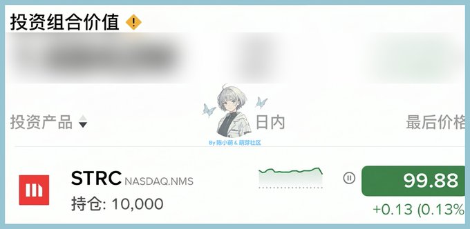 The image shows a portfolio value section displaying the ticker $STRC (NASDAQ:NMS) with a holding of 10,000 shares at a last price of 99.88, up 0.13 (0.13%) intraday, aligning with the post's reference to analyzing Saylor's latest policy on STRC.