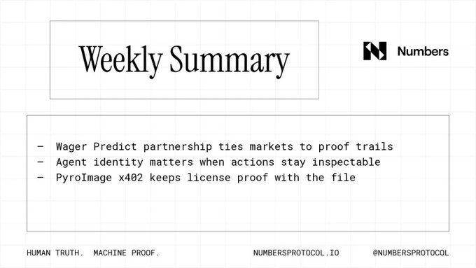 A slide titled 'Weekly Summary' from 'Numbers' lists bullet points about Wager Predict, Agent identity, and PyroImage x482, signed 'NUMBERS PROTOCOL'.