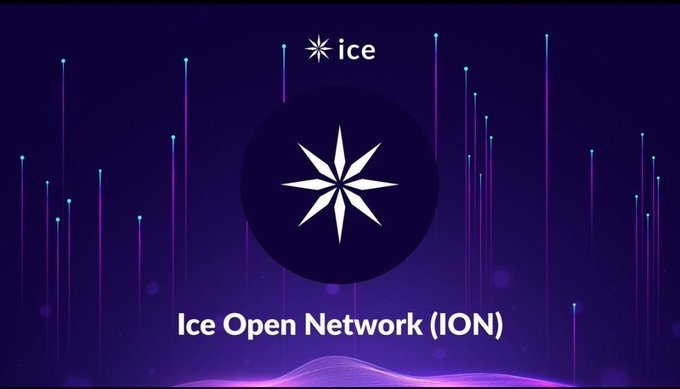A logo screen for 'Ice Open Network (ION)' features a white snowflake-like symbol inside a dark circle on a purple background with vertical light streaks.