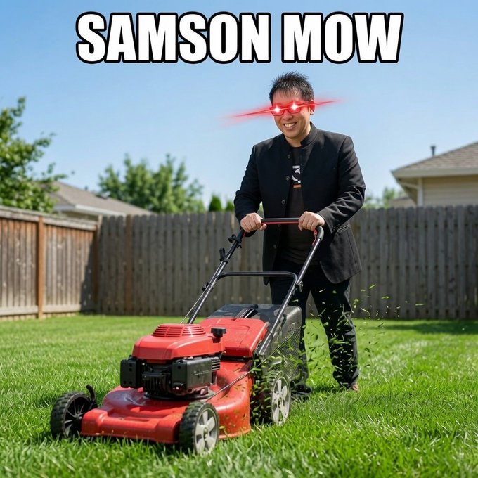 An AI-generated meme labeled 'SAMSON MOW' showing an Asian man in a black suit with glowing red laser eyes pushing a red lawnmower across a green lawn.