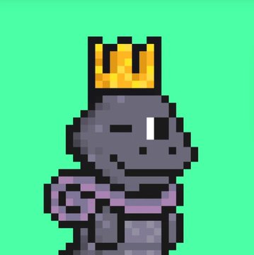 Pixel art character of a dark figure wearing a gold crown and purple cape on a green background.
