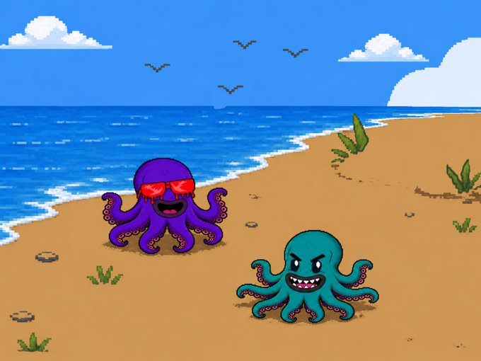 A pixel-art style beach scene featuring a purple octopus wearing red sunglasses and a teal octopus with sharp teeth on the sandy shore, with the ocean and seagulls in the background.