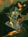 A dark, surreal painting features a figure with an elongated neck and head among green foliage and butterflies in a moody setting.